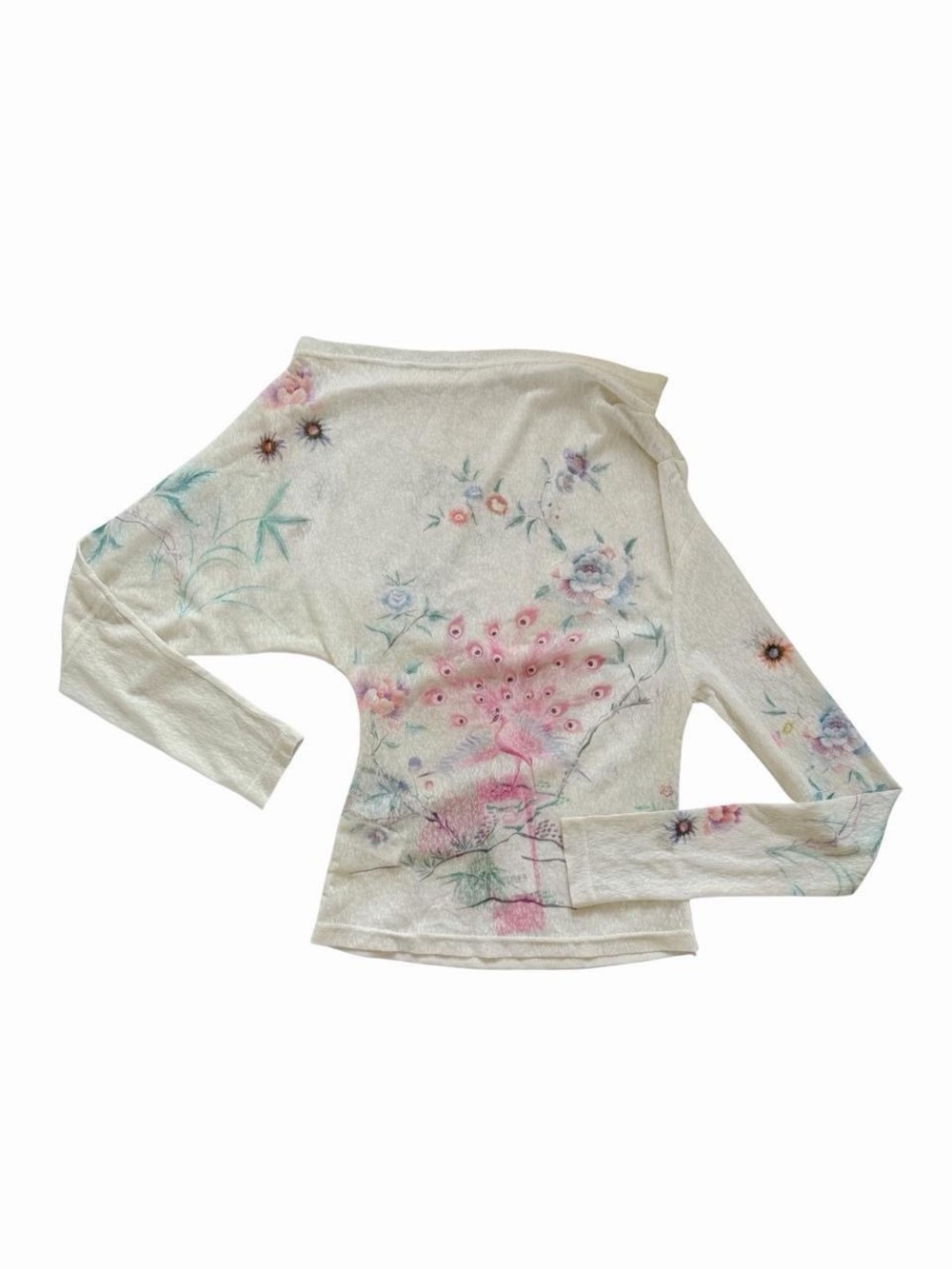Women's off shoulder Cream Floral peacock print Long-Sleeve Top